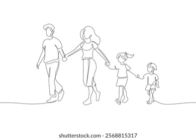 Happy Family Walking Continuous Single Line Vector Hand Drawn Illustration. Two Parents Holds Two Children One Line Art. Family Silhouette Outline Style. Not AI