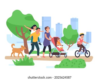 Happy family walking. Couple with children stroll