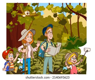 Happy family and walking. Father, mother and children are traveling in the mountains. Hiking in nature. Vector illustration in cartoon style