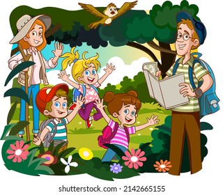 Happy family and walking. Father, mother and children are traveling in the mountains, forest. Hiking in nature. Vector illustration in cartoon style