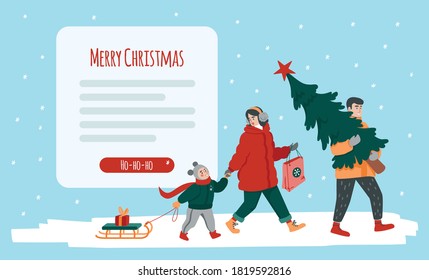Happy family walking home after holiday shopping.  Mother, father, and a kid holding presents and a Christmas tree. Winter banner template. Cute flat cartoon illustration.
