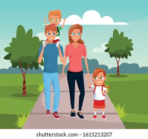 Happy family walking with kids over landscape background, colorful design, vector illustration