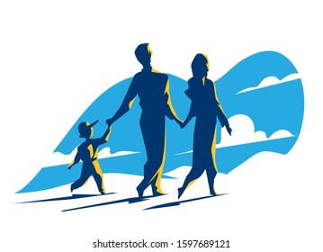 Happy family walking, looking at the sky - Vector