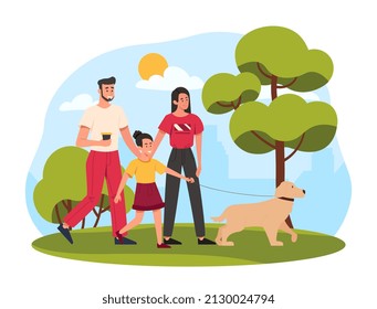 Feliz caminata familiar. Hombre, mujer, niña y perro en la ciudad o en el parque de la ciudad. Fines de semana y descanso, madre y padre con su hija. Buena relación, primavera o verano. Dibujo vectorial plano de dibujos animados