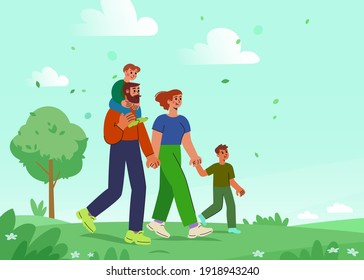 Happy family is walking in nature, holding hands. Husband wife and children walk on the field in summer. Flat vector illustration, isolated on white background.
