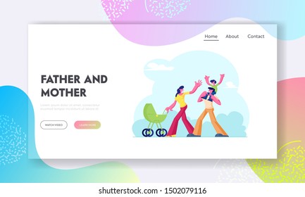 Happy Family Walking on Nature Website Landing Page. Young Mother Pushing Baby Carriage, Little Son Sitting at Father Shoulders. Man Woman Kid Weekend Web Page Banner. Cartoon Flat Vector Illustration