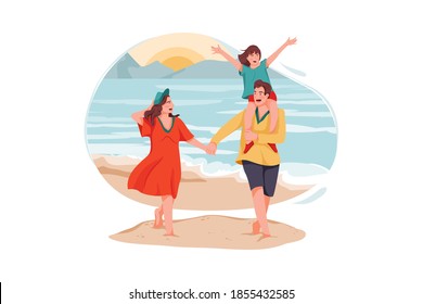 Happy family walking on the ocean beach Vector Illustration concept. Flat illustration isolated on white background.