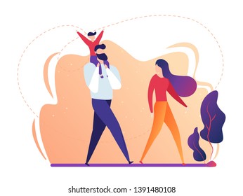 Happy Family Walking Outdoors in City Park. Sweet Life Moments. Young Mother, Little Son Sitting at Dads Shoulders. Love, Human Relations, Weekend Sparetime, Leisure Cartoon Flat Vector Illustration