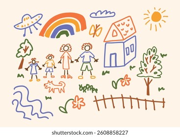 Happy family walking outdoors near house, trees and flowers. Dog, rainbow, UFO, butterfly, sun, clouds and fence. Water waves in nature. Childish crayon doodle style. Vector illustration on white.