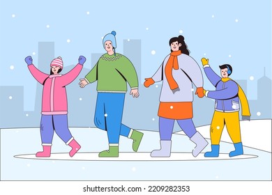 Happy family walking outdoors together. Father, mother, and kids enjoying seasonal winter activities. Cartoon characters with outline. Vector illustrations for landing page template, ui, web, poster.
