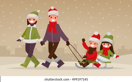 happy family walking outdoors in winter. Parents  are carry children on a sled. Vector illustration of a flat design