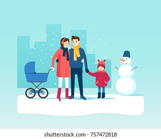 Happy family walking outdoors in winter. Vector illustration.