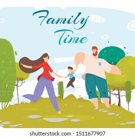 Happy Family Walking Outdoors. Young Mother and Dad Holding Hands of Little Son Playing and Relaxing. Love, Human Relations, Weekend Spare Time, Leisure Cartoon Flat Vector Illustration, Square Banner