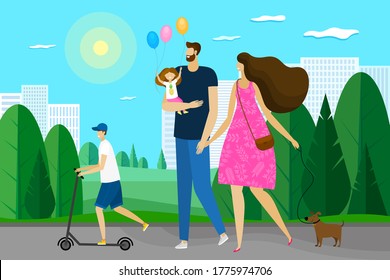 Happy family is walking in the park with a dog. Vector. The concept of a vacation with the whole family. Healthy lifestyle. Cartoon style Mom, dad, daughter and son spend time together outdoors.
