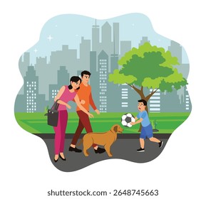 Happy family walking in the park. Father, mother and son are taking their pet dog to play in the park.