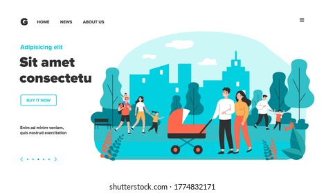 Happy family walking in park flat vector illustration. Cartoon young mothers and fathers with kids outdoors. Weekend, cityscape and lifestyle concept