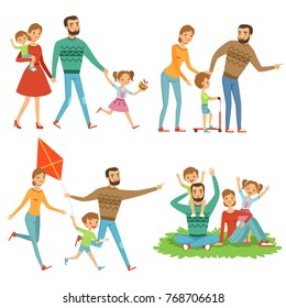 Happy family walking in park. Funny characters set in cartoon style. Happy people family in park, mother and father. Vector illustration