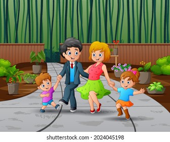 Happy family walking in the park illustration