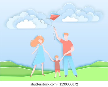 Happy family walking in a park with kid. Vector illustration in paper art origami style. Happy mother and father day poster. Paper cut craft design.