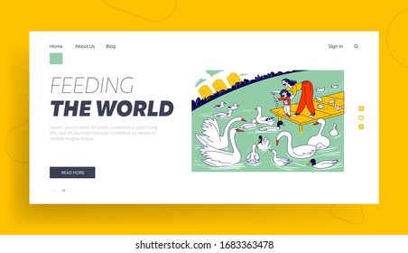 Happy Family Walking in Park Landing Page Template. Mother and Little Child Characters Feed Ducks, Swans and Doves. Mom and Baby Daughter Weekend Leisure on Nature. Linear People Vector Illustration