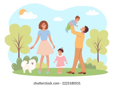 Happy family walking in the park. Mother, father, daughter, son and a dog spend time together. Family day, active weekend, healthy lifestyle, parenting, outdoor recreation, large family concept 
