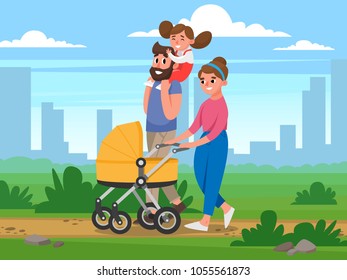 Happy Family walking in the Park on background of buildings. Flat Vector illustration