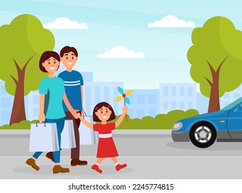 Happy family walking with shopping bags in park. Parents and kids having good time together cartoon vector