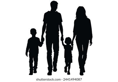 Happy family Walking silhouette, Happy young family holding hands vector silhouette
