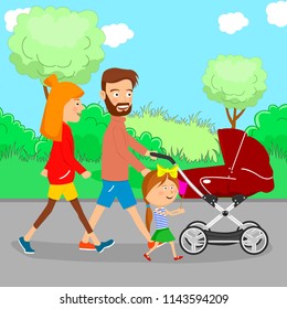 Happy family walking with a stroller and their daughter in the city park