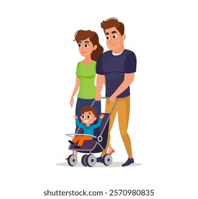 A happy family walking with their child in a stroller. Cartoon vector illustration with father, mother and toddler isolated on white background. Flat concept for family, parenting, outdoor lifestyle.