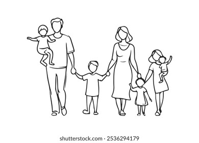 Família feliz caminhando juntos Silhueta preta no fundo branco. Mãe e Pai Seguram seu Filhinho pelas Mãos. Ilustração do vetor da família. Desenho Linear para Design na Moda