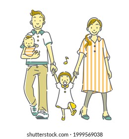 happy family walking together, cute illustration