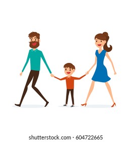 Happy family walking together and hold in hand. Father mother and son. Flat design style. Cartoon Vector Illustration.