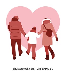 Happy Family Walking Together Outside Holding Hands in Warm Clothes in Winter Time in Front of Big Heart. Healthcare, Lifestyle, Medicine or Adoption Design. Valentine's Day. Vector illustration