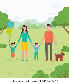 Happy family walking together in park or forest with dog. Mother and father, daughter and son with pet have walk outdoor. Vector flat illustration