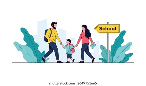 Happy family walking together to school on a sunny day with buildings and plants in the background