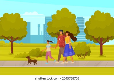 Happy family walking together with small dog along road sunny day. Mother, father and daughter family weekend, people walk with pet in summer city park. Parents spend time with their child outdoor