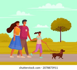 Happy family walking together with small dog along walkway sunny day. Mother, father and daughter family weekend, people walk with pet in summer park. Parents spend time with their child outdoor
