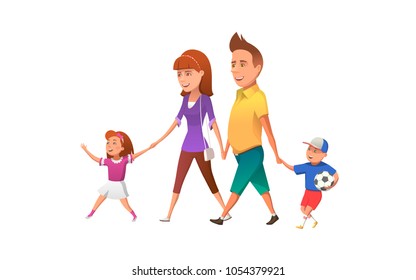 Happy family walking together. Vector illustration of happy parents with children walking together and having fun.