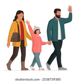 Happy family walking together and waving, lifestyle concept, isolated