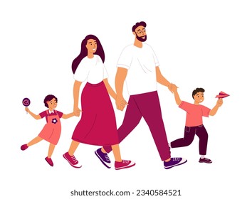 Happy family walking together.Mother,Father and Children, Daughter and Son spend time together.Family Loving and Warm relationships.Parents support their Children.Flat vector isolated illustration