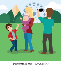 Happy family walks around the city park. Father, mother, son and daughter together outdoors. Vector illustration in cartoon style