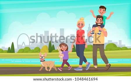 Happy family walks around the city park. Father, mother, son and daughter together outdoors. Vector illustration in cartoon style