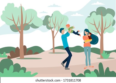 Happy family walks in the city park. Father, mother, son and daughter together outdoors. Vector illustration in cartoon style. Web page design template