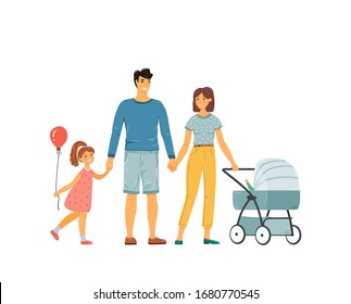 Happy family walks and holds there hands. Father, mother, daughter and baby in a stroller walk together. Flat cartoon vector illlustration isolated on a white background.