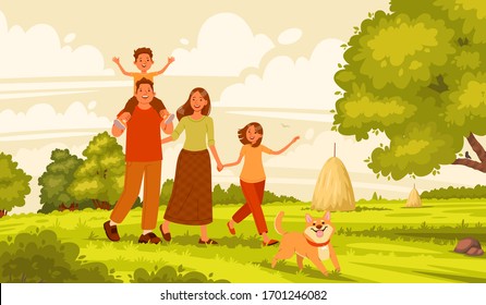 Happy family walks in nature. Mom, dad, daughter and son are actively resting in the village. Parents and children on the background of the summer landscape. The concept of happiness. Vector illustrat