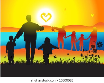 Happy family walks on nature, sunset