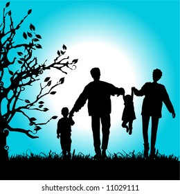 Happy family walks on nature, sunset