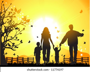 Happy family walks on nature, sunset