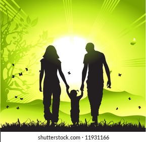 Happy family walks on nature, sunset